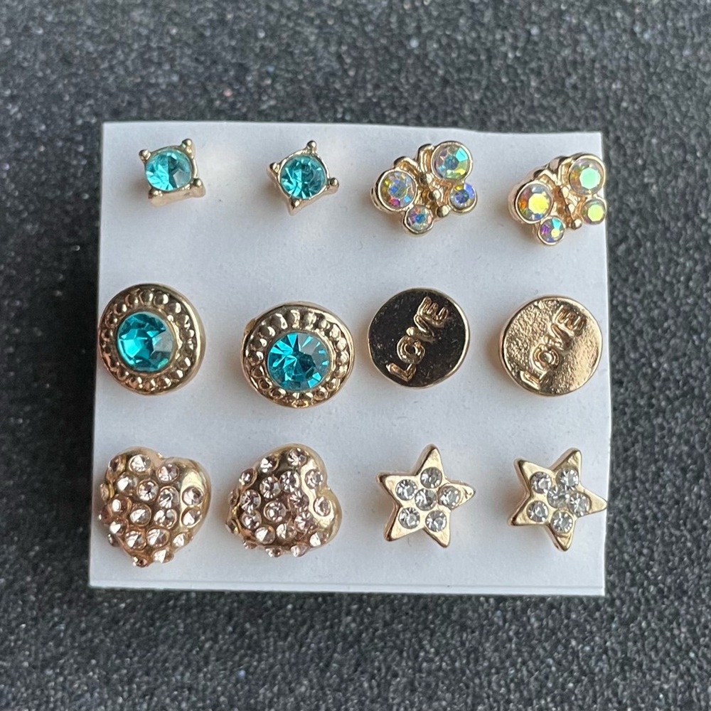 6 pairs of stud earrings crystal butterflies hearts stars love new